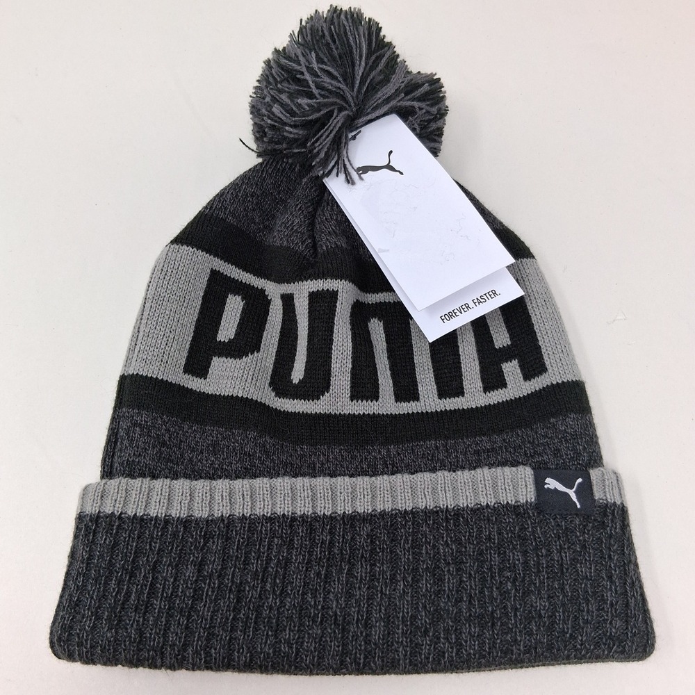 PUMA Black Grey Knit Pom Beanie Cuffed Logo Winter Hat PV5-0340 NEW